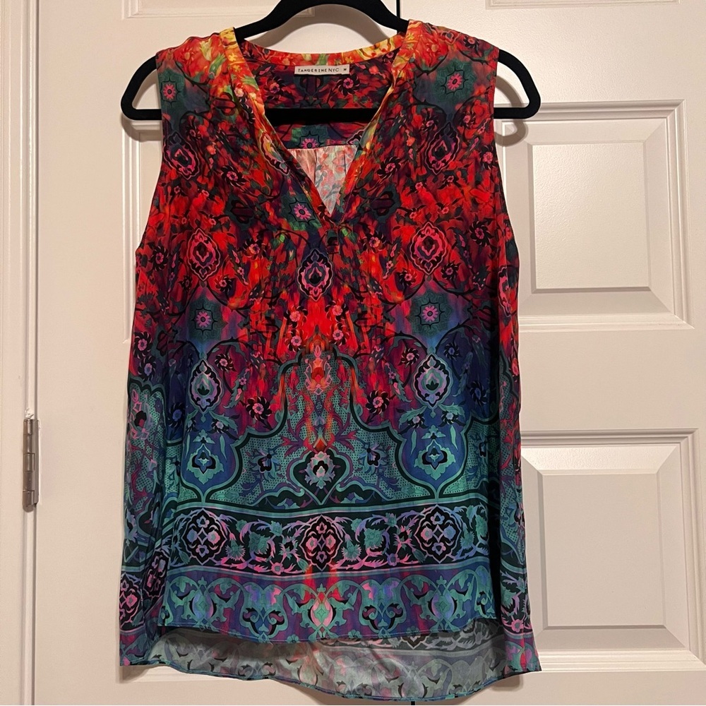 Tangerine Colorful Patterned Silk Sleeveless Blouse